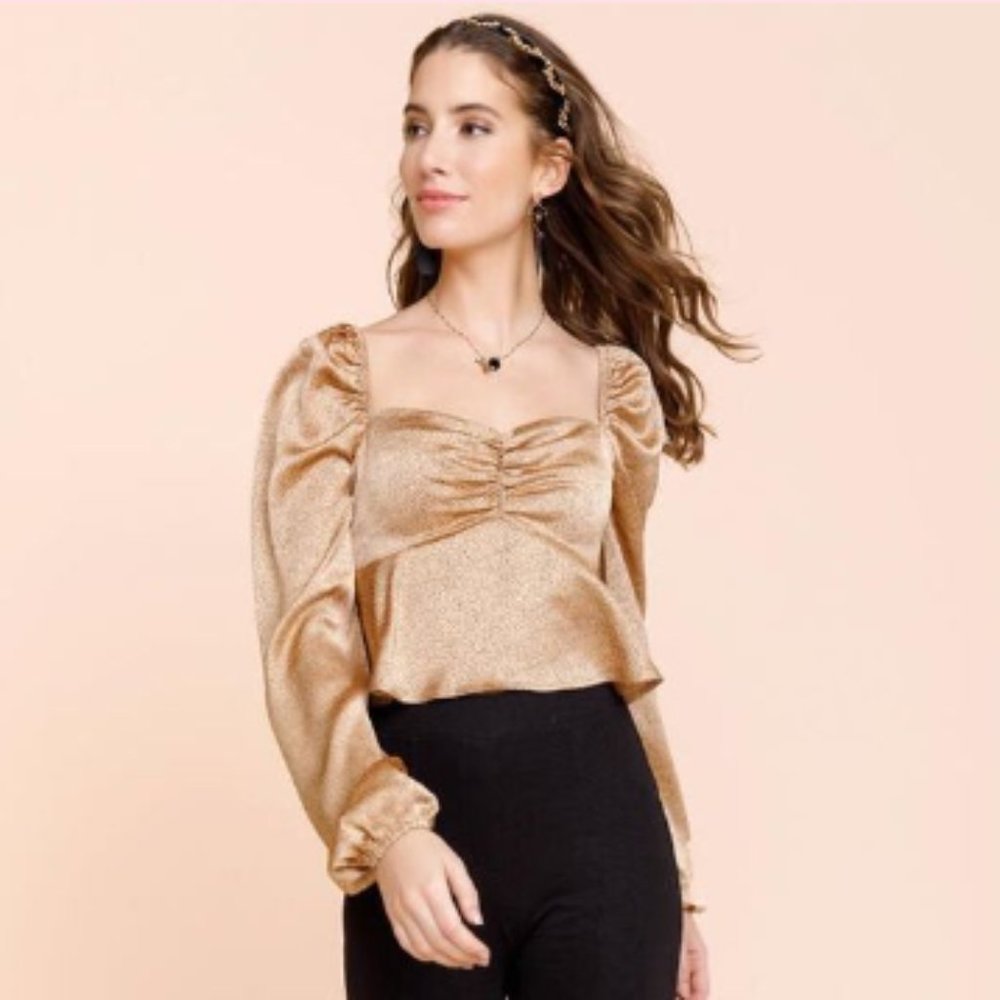 NWOT Gold Satin Peplum Blouse